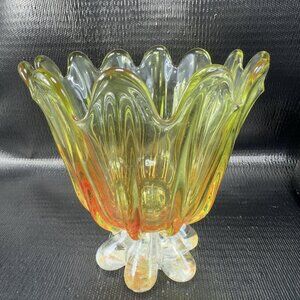 Vintage Italian Venetian Art Glass Footed Vase Bowl Clear Bottom Yellow Vase VTG